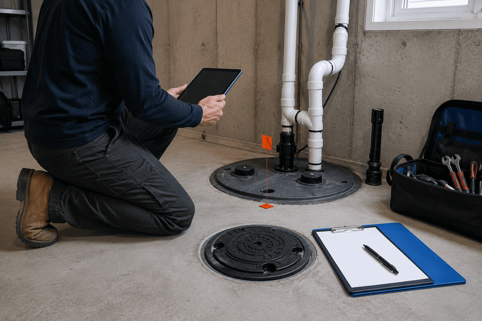 Contractor assessing basement flood-prevention hardware with a tablet beside sump pump piping, tools, and blank project paperwork.