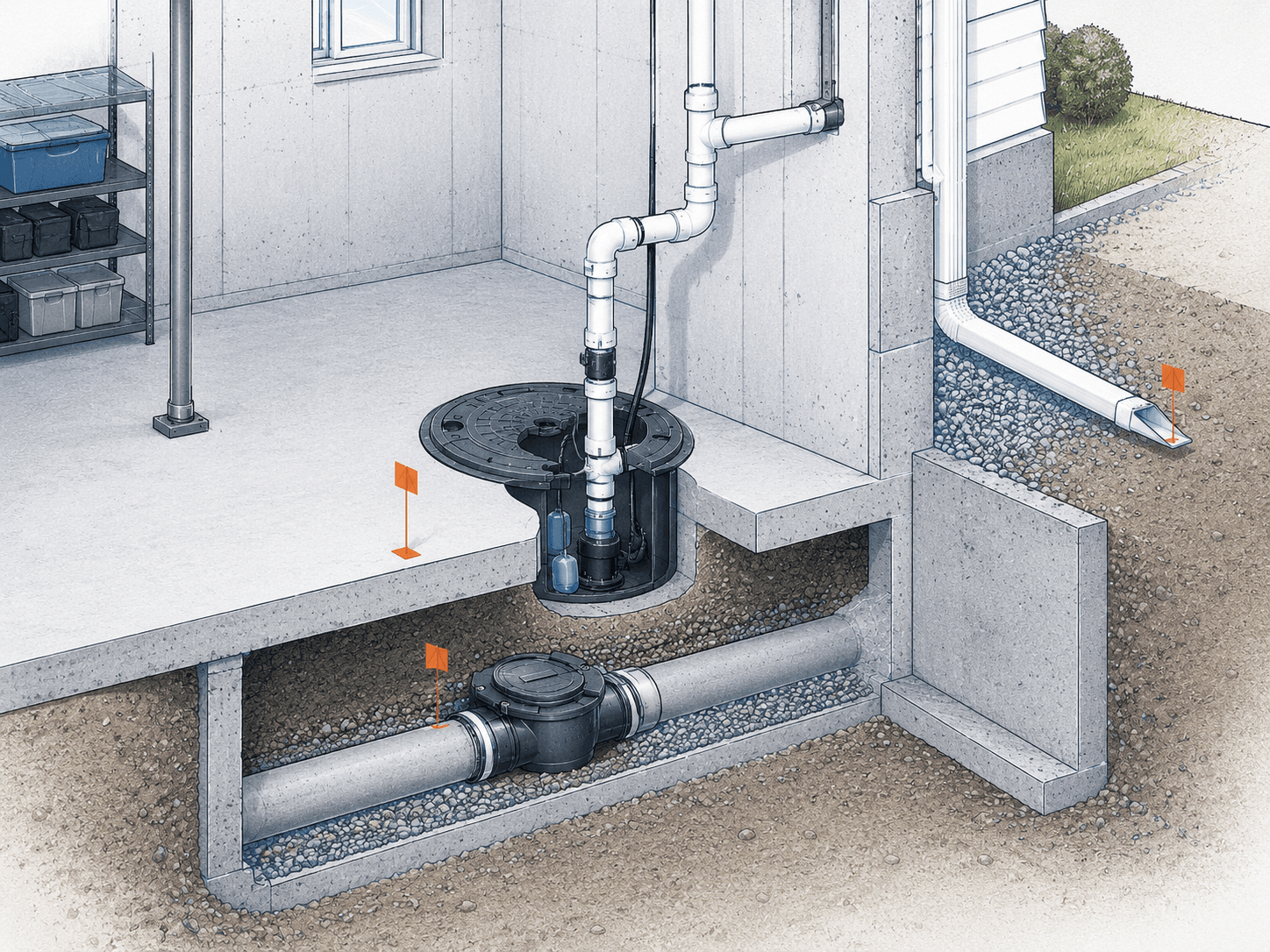 Technical basement cutaway showing sump pump, discharge piping, and backwater valve routing through foundation and soil.