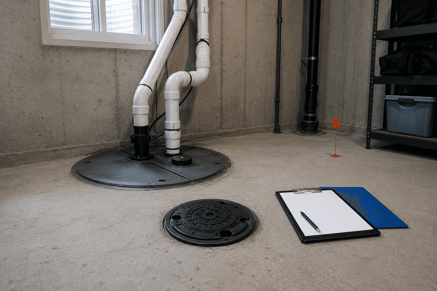 Basement flood-prevention inspection setup with a sump pump basin, backwater valve access cover, blank clipboard, and blue folder.