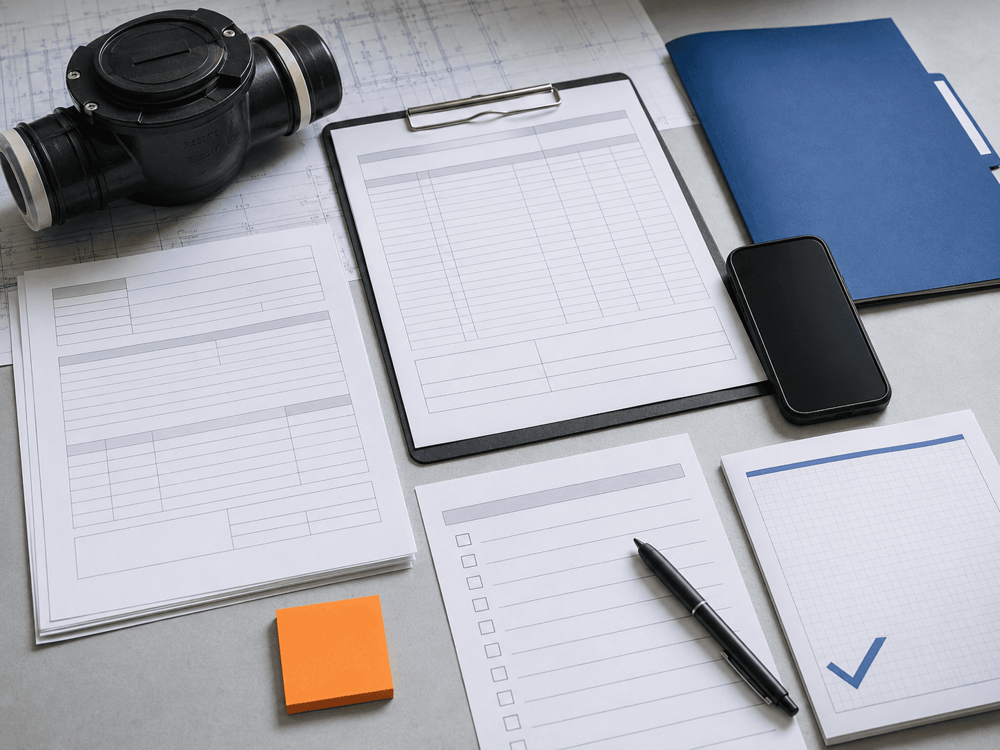 Desk with rebate forms, blue folder, phone, checklist, and backwater valve hardware.