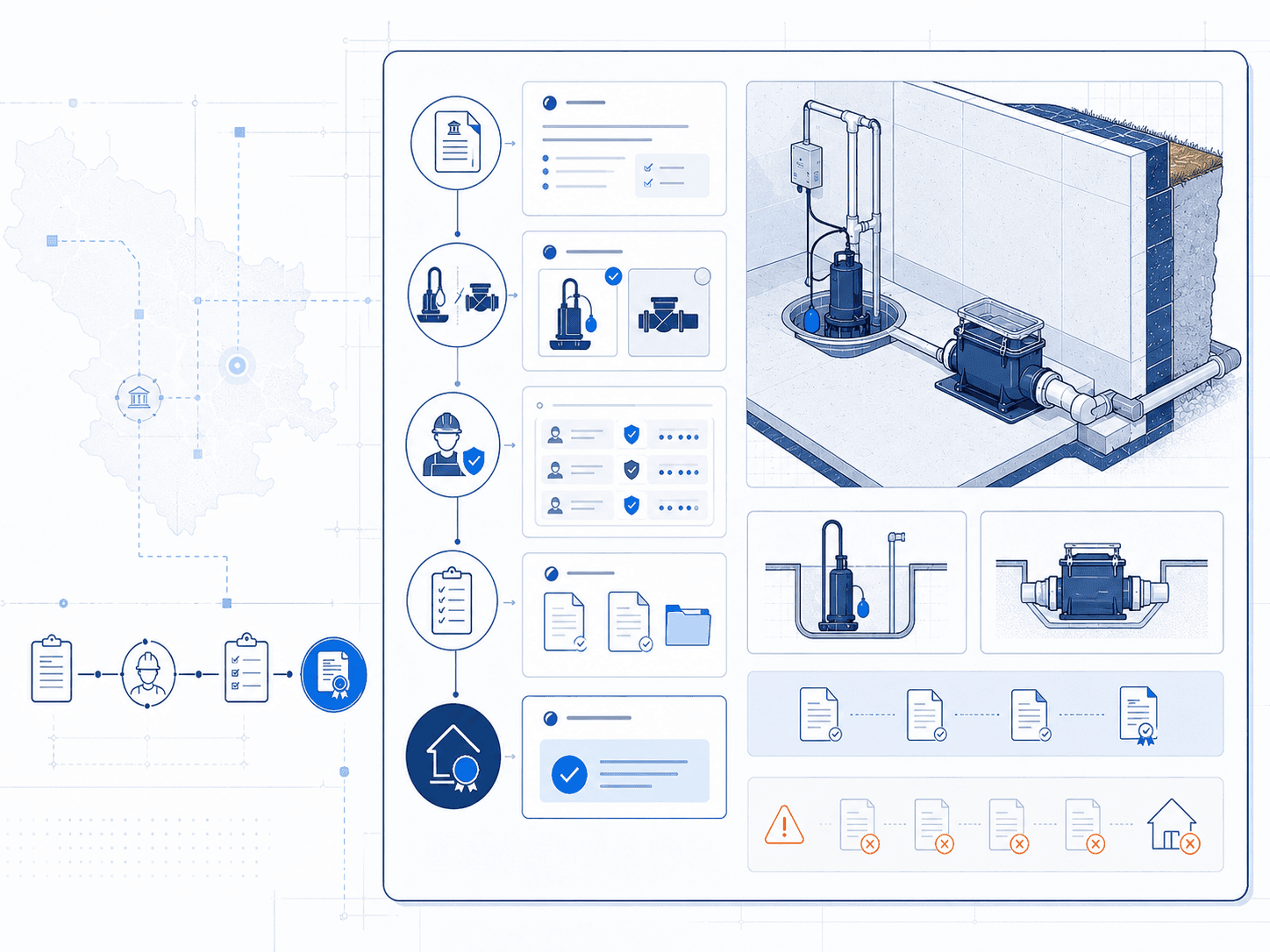 Illustrated workflow showing municipal rebate paperwork, contractor review, sump pump installation, and backwater valve flood-prevention hardware.